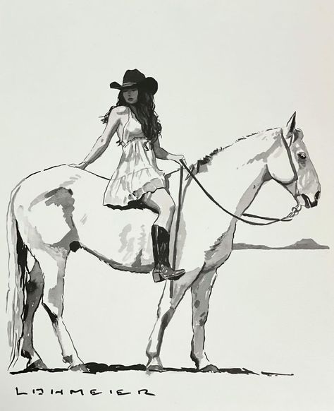 Cowgirls Drawing, Horses To Draw, Woman On A Horse, Cowgirl And Horse Drawing, Cowboy And Horse Drawing, Cowboy On Horse Reference, Watercolor Western Art, Drawing Cowboy, Drawings Of Boys