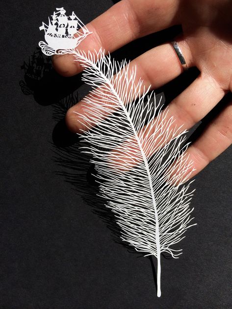 Cut Paper Illustrations by Maude White | Colossal Cut Paper Illustration, Papercut Art, Laser Cut Paper, Paper Feathers, Piece Of Paper, Paper Illustration, Paper Embroidery, Feather Art, White Feather