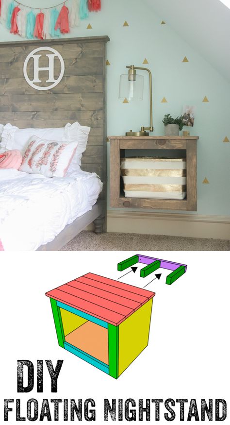 In the meantime, I wanted to share my latest little project with you. Several weeks ago I shared the twin platform bed I built for my 12 year old daughter. I wanted to give her a fun nightstand, and this is what I came up with! Check out this DIY Floating Storage Nightstand! Floating Storage, Storage Nightstand, Rustic Wooden Box, Прикроватные Тумбочки, Nightstand Storage, Free Plans, Night Stand, Furniture Projects, My New Room