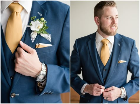 Groom before the wedding | Navy and gold suit with vest | detail shot of boutonniere | Talia Event Center Blue And Gold Wedding Suit, Blue Suit Gold Tie, Suit With Vest, Getting Ready Room, Navy Blue And Gold Wedding, Navy Groom, Wedding Navy, Urban Wedding Venue, Gold Suit