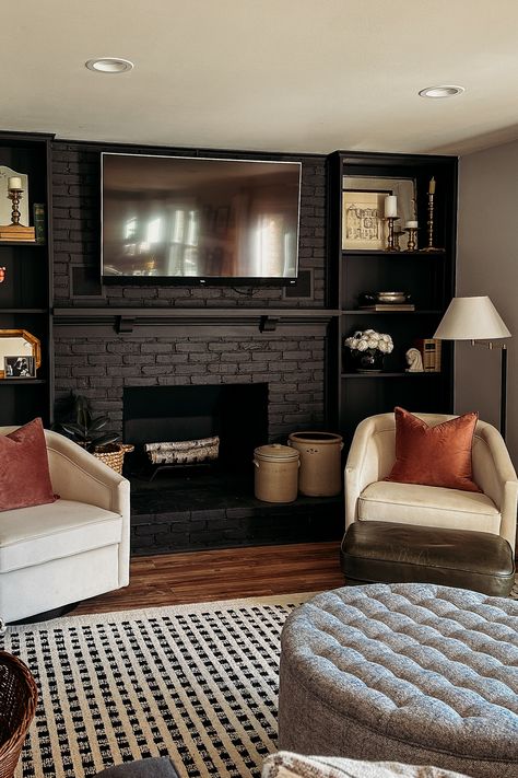 Black Fireplace Wall, Black Brick Fireplace, Brick Fireplace Wall, Fireplace Accent Walls, Fireplace Black, Black Brick Wall, Black Accent Walls, Brick Fireplace Makeover, Black Fireplace