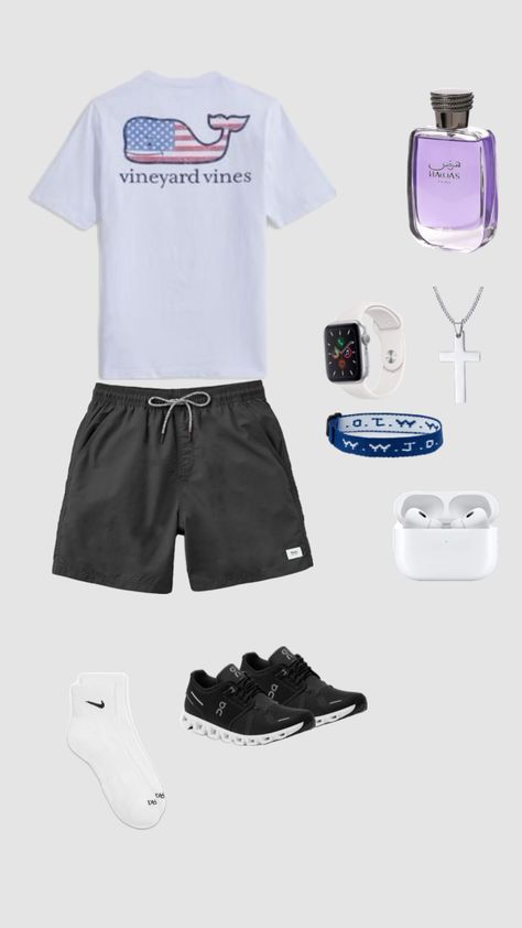 vineyard vines america american 4th of july black shorts swim trunks nike socks on clouds white mens boys shuffles wwjd bracelet airpods apple watch cross necklace rasasi hawas colonge Boys Athletic Outfits, Rasasi Hawas, Casual Athletic Outfits, Wwjd Bracelet, Airpods Apple, Classy Outfits Men, Nike Socks, Boy Fits, Guys Clothing Styles