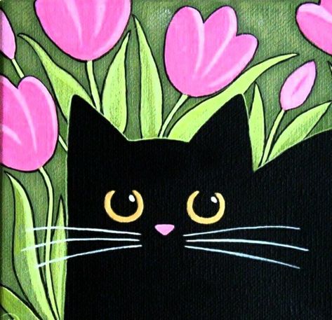 Cute Cat Painting Ideas, Simple Cat Painting Canvas, Paint Cat Easy, Small Cat Painting, Simple Cat Painting Ideas, Easy Black Cat Painting, Cats Painting Easy, Easy Cat Painting Ideas On Canvas, Diy Cat Painting