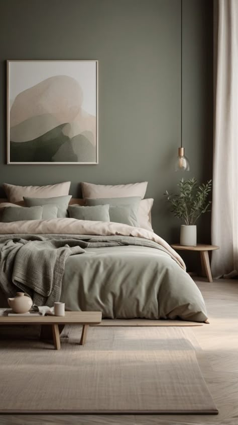 minimalistic pastel interior design with beige, sage & taupe grey colors #interiordesign #bedroom #masterbedroom #minimalisticbedroom #minimalisticdecor #homedecor #ai #aidesign Khaki Green Room Ideas, Bedroom Design Pastel Colors, Sage Grey And White Bedroom, Pale Sage Bedroom, Green Bedroom Beige Bed, Eco Minimalism Interior, Beige Sage Bedroom, Taupe And Sage Bedroom, Pastel Cozy Bedroom