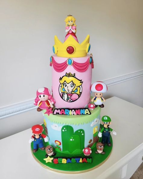 Mario And Princess Peach Birthday Cake, Peaches Cake Mario, Princess Peach Birthday Party Cake, Mario And Princess Peach Cake, Mario Birthday Cookies, Princess Peach Cake Birthdays, Pastel Princesa Peach, Peach From Mario, Princess Peach Cake