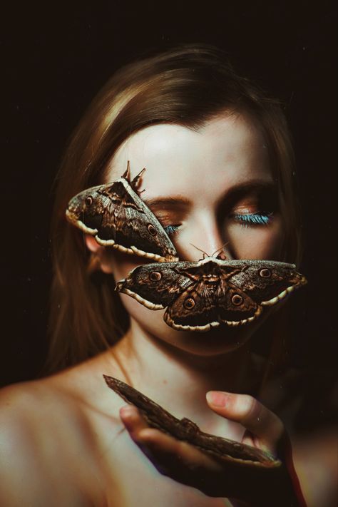 Moth Lady, Moth Insect, Dark Trees, Art Eyes, Butterfly Mask, Moody Art, Self Portrait Photography, Physical Features, Butterfly Effect