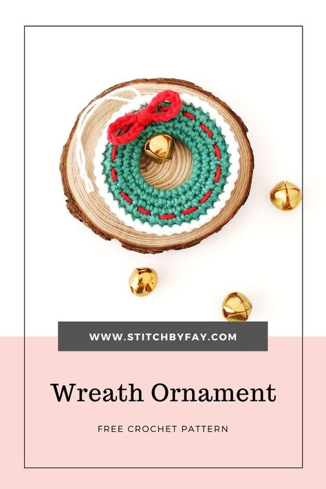 Crochet an adorable little wreath ornament with this quick and easy free pattern. Makes a cute addition to the tree or use as a gift topper. Crochet Wreath Ornament, Ornament Crochet Pattern, Ornament Crochet, Crochet Christmas Ornaments Free, Crochet Wreath, Wreath Ornament, Bells Christmas, Crochet Ornaments, Crochet Christmas Ornaments