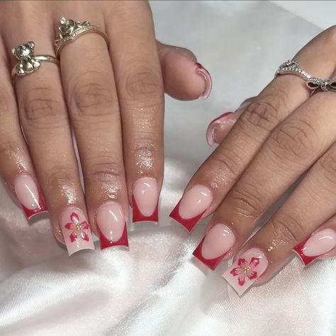 ig: cindyxnaiils French Tip Nails With Red Design, Red White Nails Short, Red Design Short Nails, Simple Red French Tip Nails, Red And White Nails Ideas, French Tip And Cherry Nails, Short Nail Designs Red And White, Cute Short Acrylic Nails Cherry, Cherry French Tip Nails Coffin