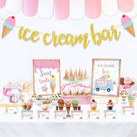 Ice Cream Parlor Party, Ice Cream Sundae Party, Ice Cream Birthday Party Theme, Sundae Party, Bar Banner, Ice Cream Party Decorations, Ice Cream Party Theme, Ice Cream Sundae Bar, Sundae Bar