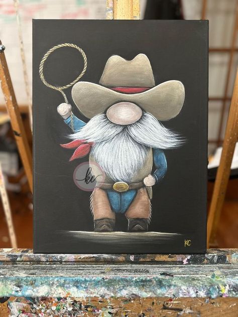 Painting Gnomes On Canvas, Cowboy Gnome Painting, Cowboy Gnomes, Patriotic Gnome Painting, Cowboy Gnome, Jaded Blossom Cowboy Gnome, Gnome Painting, Wine And Painting Party, Gnome Paint