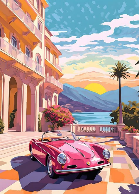 Vintage Cars Painting, Road Painting Ideas, Monaco Painting, Monaco Drawing, Retro Painting Ideas, Paintings Of Cars, Monaco Illustration, Colourful Wall Painting, Car Painting Ideas