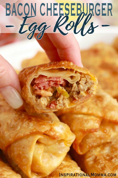 Bacon Cheeseburger Egg Rolls - Inspirational Momma Cheeseburger Egg Roll Recipes, Cheeseburger Egg Roll, Bacon Jam Cheeseburger Egg Rolls, Bacon Cheeseburger Eggrolls Recipe, Cheeseburger Tortilla, Baked Cheeseburger Eggrolls, Rolled Dumplings Recipe, Airfryer Cheeseburger Egg Rolls, Superbowl Sunday Food