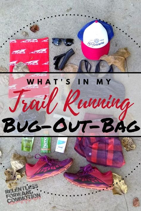 A bug-out bag (for those of you, like me, who hadn't heard this term before) is a portable kit that normally contains the items one would require to survive for 72 hours when evacuating from a disaster.     In my opinion, nothing screams "disaster" quite like unexpectedly finding yourself at an inviting trail head without a single piece of trail running equipment.     Here's what's in my Trail Running Bug Out Bag!  #running #TrailRunning Trail Running Essentials, Running Bag Essentials, Bug Out Bag Essentials, Ultra Running, Ultra Marathon, Happiness Project, Running Gifts, Running Equipment, Post Workout Food