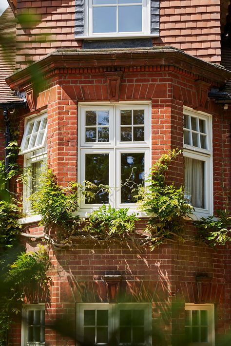 After receiving a recommendation, the owners chose Westbury Windows & Joinery to supply new Accoya® casement windows throughout the house, additional legacy box sash windows for their fabulous side bays and a new entrance door at the back. Edwardian Red Brick House, Brick House White Windows, House White Windows, Edwardian Windows, Exterior Cottage, Edwardian Home, Wisteria Plant, Kent Homes, Glazed Windows