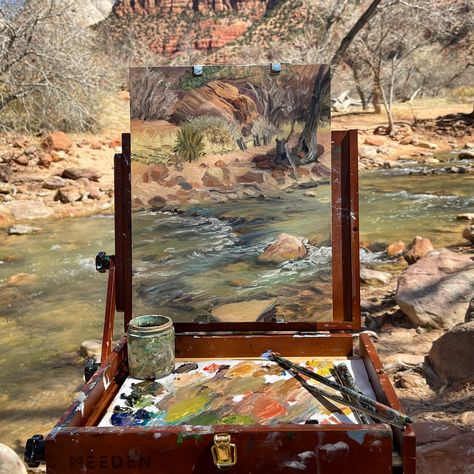 Traveling Artist Aesthetic, Watercolor Plein Air, En Plein Air Painting, Plein Air Easel, Plein Air Watercolor, Virgin River, Oil Paint Brushes, Zion Canyon, Studio Spaces