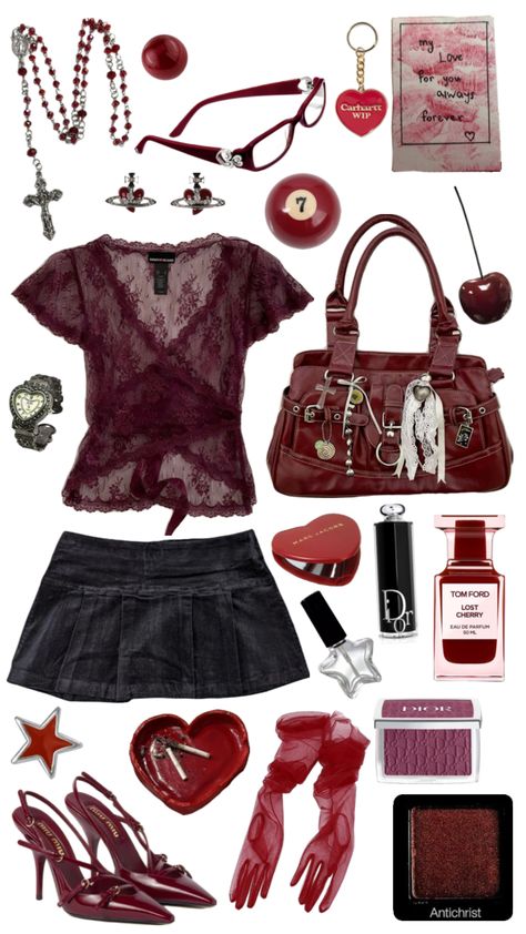 #outfitinspo #beauty #cherry #cherryred #dior #tomford #marcjacobs #viviennewestwood Cherry Red Clothes Aesthetic, Cherry Style Outfit, Cherry Red Hair Outfits, Cherry Red Clothes, Cherry Girl Outfit, Cherries Outfit, Cherry Outfit Ideas, Cherry Inspired Outfit, Cherry Red Outfit