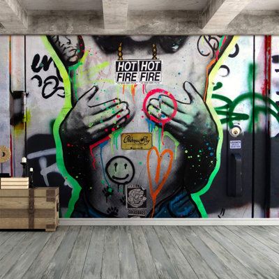 Wall's large wall murals are extremely easy to apple, remove, or reposition. Just peel & stick. | IDEA4WALL Colourful Graffiti black/gray/Green 66.0 in, Vinyl | Home Decor | SFTA5466_88673351 | Wayfair Canada Graffiti Furniture, Graffiti Room, Abstract Wall Mural, Black Painted Walls, Creative Wall Painting, Large Wall Murals, Colorful Graffiti, Graffiti Painting, Wall Stickers Bedroom