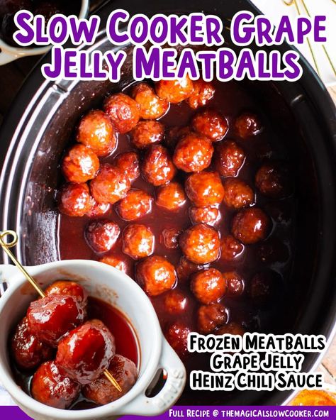 Only three ingredients to make these easy Slow Cooker Grape Jelly Meatballs! Great for any party. #meatballs #slowcooker #crockpot #grapejellymeatballs - The Magical Slow Cooker Sweet And Sour Meatballs Crockpot Grape Jelly And Chili Sauce, Meatball Recipes Crockpot Grape Jelly, Grape Meatballs Crockpot, Grape Jelly And Chili Sauce Meatballs, Meatballs Crockpot Grape Jelly, Grape Jelly Chili Sauce Meatballs, Grape Jelly Meatballs Crockpot, Slow Cooker Grape Jelly Meatballs, Meatball Appetizers