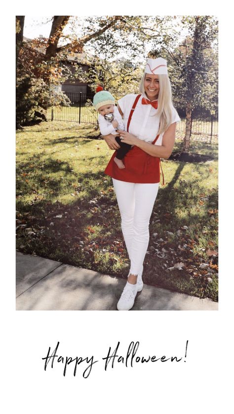 Soda jerk & ice cream cone, mommy & me costume @nicoleoppet Soda Jerk Costume, Ice Cream Parlor Costume, Ice Cream Man Costume, Corn Costume, Soda Jerk, 50s Theme, 50s Theme Parties, Halloween Ice Cream, Clever Costumes