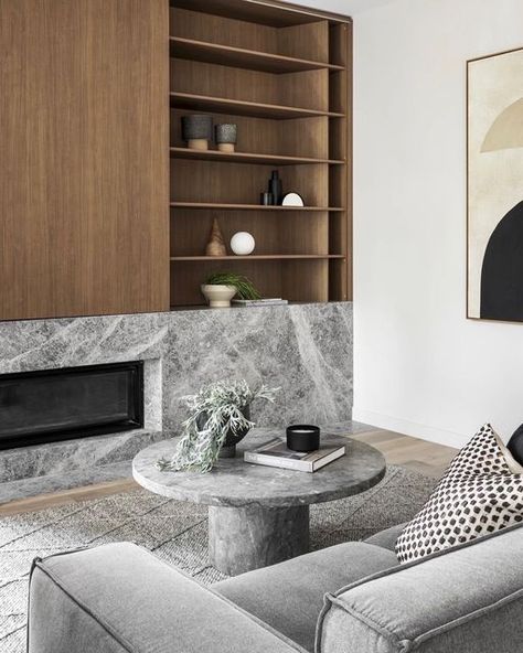 Kmode Interiors on Instagram: "Styling details at Brighton. #styledbykmode #styledtosell" Asymmetrical Fireplace Wall, Modern Fireplace Wall Living Room, Japandi Fireplace, Contemporary Fireplace Design, Low Fireplace, Contemporary Fireplace Designs, Minimalist Fireplace, Fireplace Feature Wall, Fireplace Style