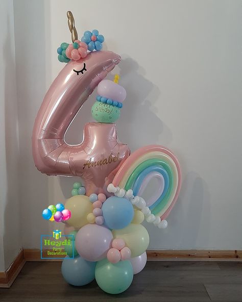 Heydi Party Decorations on Instagram: “~Annabel's 4th Birthday Balloons~ • This number balloon arrangement in pastel colour balloons is beautiful 😍 • Don't forget our Priority…” Number Balloon Arrangements, Unicorn Party Balloons, Rainbow Unicorn Birthday Party, Balloon Arrangement, Diy Birthday Backdrop, Unicorn Birthday Party Decorations, 1st Birthday Girl Decorations, Rainbow Unicorn Birthday, Baby Balloon