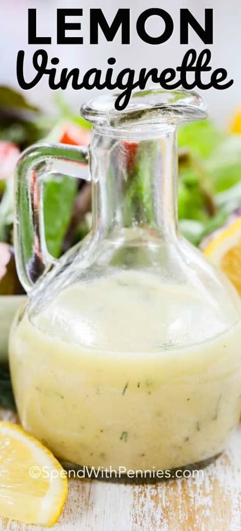 This lemon vinaigrette dressing is the best! It perfectly balances the lemon flavor with the fresh herbs and dijon mustard! I love tossing this on my salad or even mixing it into sour cream as a quick and easy dip for my veggies! Yum! #spendwithpennies #lemonvinaigrette #saladdressing #easyveggiedip #meatmarinade Lemon Vinaigrette Salad, Meyer Lemon Vinaigrette, Dressing Vinaigrette, Kale Salads, Sunday Cooking, Lemon Vinaigrette Dressing, Wfpb Diet, Mediterranean Foods, Lemon Salad