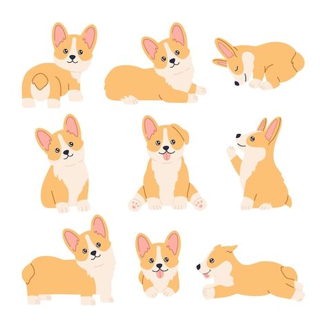 Kawaii corgi stickers set, happy little ... | Premium Vector #Freepik #vector #frame #baby #dog #character Corgi Stickers, Corgi Cartoon, Kawaii Corgi, Pet Anime, Face Sitting, Cute Plants, Corgi Drawing, Modern Illustration, Dog Quilts