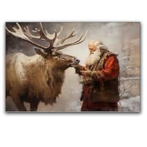 Painting Santa Claus, Christmas Oil Painting, Christmas Canvas Painting, Xmas Wall Art, Painting Santa, Deer Art Print, Christmas Paintings On Canvas, Santa Claus Reindeer, Deer Art