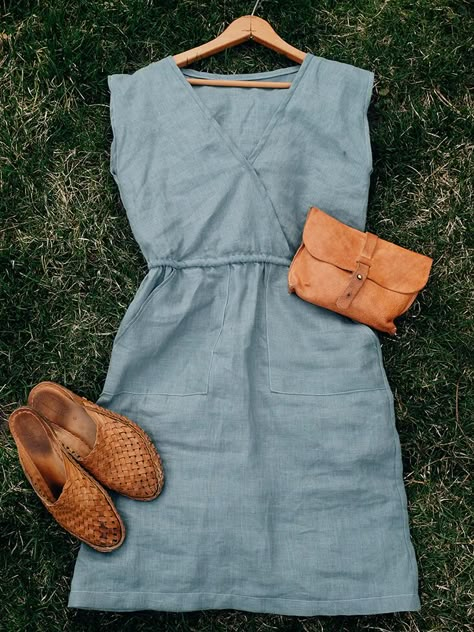 Simple Dungarees Pattern, Patterns For Linen Dresses, Linen Jumper Pattern, Linen Top Aesthetic, Easy Linen Dress Pattern Free, Crossover Dress Pattern, Simple Linen Dress Pattern Free, Drawstring Waist Dress Pattern, Linen Sundress Pattern