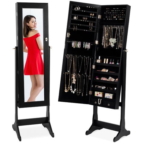 Best Choice Products 6-Tier Standing Mirror Lockable Storage Organizer Cabinet Armoire w/ Velvet Interior - White - Walmart.com - Walmart.com Armoire Cabinet, Mirrored Armoire, Freestanding Mirrors, Mirror Jewelry Armoire, Mirror Jewellery Cabinet, Interior Led Lights, Makeup Storage Organization, Lockable Storage, Jewelry Organizer Storage