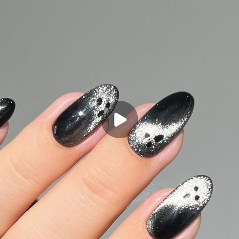 Aistė Haas on Instagram: "Less is more, even in the spirit realm. Subtle black velvet ghosts, but can you spot them? 👻🖤✨ *all products are linked on my amzn in the bio ____ #blacknails #halloweennails #ghostnails #halloweennailart #halloweennailinspo #ghostnailart #nailinspo #fallnails halloween , simple nails, nailtrends, fall nails, autumn nails, spooky season, simple nail art, white nails" Black Silver Halloween Nails, Grey Spooky Nails, Black And White Ghost Nails, Chrome Ghost Nails, Modern Halloween Nails, Simple Nail Art White, Subtle Halloween Nails Short, Halloween Chrome Nails, Halloween Simple Nails