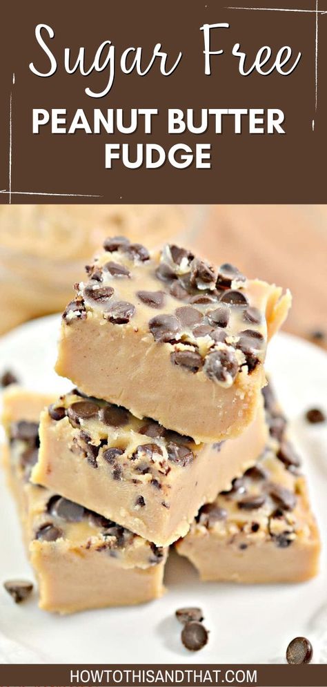 Sugar Free Peanut Butter Fudge is a rich, creamy peanut butter fudge topped with sugar free chocolate chips make this fudge feel so naughty, but it's guilt free! A small square is all it will take to satisfy the sweet tooth. Low Carb & Keto Friendly for those who allow peanut butter into their diet. It is best to choose an all natural type of peanut butter. Sugar Free Peanut Butter Fudge, Creamy Peanut Butter Fudge, Sugar Free Cookie Recipes, Sugar Free Fudge, Sugar Free Desserts Easy, Sugar Free Peanut Butter, Keto Fudge, Keto Peanut Butter, Sugar Free Baking