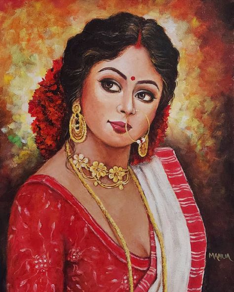 Bengali Women Painting, Bengali Art Culture, Flower Crown Drawing, Bengal Art, Art Identity, Oil Painting Videos, Bengali Culture, Domino's Pizza, Bridesmaid Photoshoot