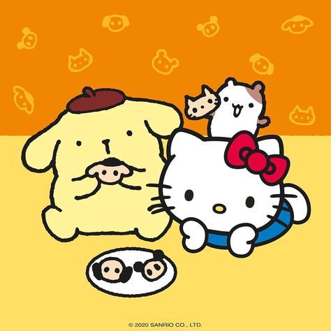 Hello Kitty And Pompompurin Matching, Kenny And Hello Kitty, Meet Pompompurin, Sanrio Best Friends, Pompompurin And Hello Kitty, Hello Kitty And Pompompurin, My Melody And Pompompurin, Hello Kitty Eating, Tatuaje Hello Kitty