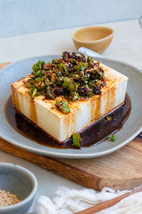 Cold Silken Tofu with Chili Soy Sauce - The Floured Camera Tofu Chili, Silken Tofu, Tofu Dishes, Chili Oil, Vegan Sauces, Spicy Chili, Savory Sauce, Toasted Sesame Seeds, No Bean Chili