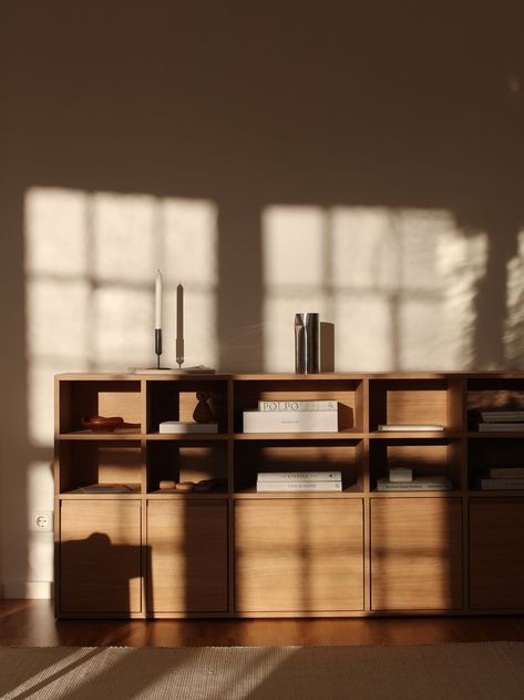 Japandi Credenza, Gray Wood Laminate Flooring, Minimal Lounge, Key West Decor, Interior Still Life, Horizontal Bookcase, Soft Minimalism, Hay Design, Sleek Storage