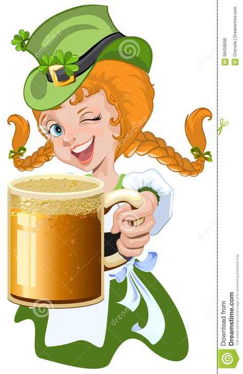 St Patricks Day Illustration, Irish Clipart, Girl Leprechaun, Leprechaun Pictures, Leprechaun Tattoos, Leprechaun Clipart, Mug Illustration, Red Haired Girl, St Patricks Day Pictures