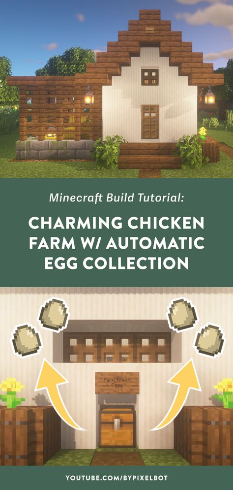 Minecraft: How to Build a Charming Chicken Coop Farm with Automatic Egg Collection Minecraft Chicken Coop Design, Minecraft Automatic Chicken Farm, Minecraft Building Ideas Chicken Coop, Minecraft Coop Ideas, Egg Farm Minecraft, Cute Minecraft Chicken Coop, Small Things To Build In Minecraft, Chicken Coop Ideas Minecraft, Chicken Coop Minecraft Ideas