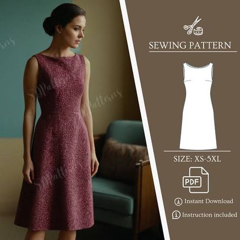 Boat Neck Dress Pattern, Pattern Formal Dress, Dress Pdf Pattern, Sewing Dress, Dress Patterns Free, Simple Sewing, Boat Neck Dress, Couture Mode, Fashion Sewing Pattern