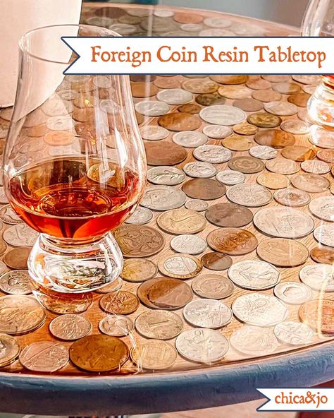 Coins Art Ideas, Wooden Dining Furniture, Refinish Furniture, Funky Painted Furniture Diy, Travel Crafts, Painted Furniture Diy, Diy End Tables, Diy Tray, Coin Art