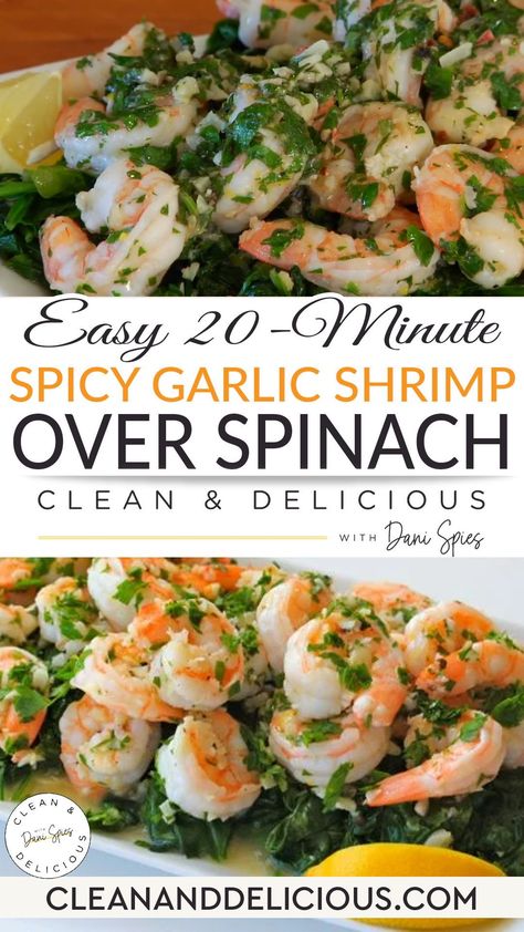 With all the ideas that swirl around in my brain it’s hard to believe that I have moments where my mind is blank. No thoughts. No words. Nothing particularly interesting or relevant to this delicious recipe. At least not in this moment. So instead of talking (or int his case typing) simply for the sake of talking, I simply present you with my latest video -> Spicy Garlic Shrimp Over Spinach! Enjoy!! | @danispies #spicygarlicshrimprecipe #easyspicygarlicshrimp Shrimp And Spinach Recipes, Sorghum Recipes, Shrimp And Spinach, Shrimp Meal Prep, Spinach Recipes Healthy, Spinach Healthy, Spicy Garlic Shrimp, Marinara Recipe, Garlic Spinach