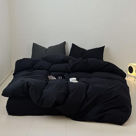 Blsck Bedding, Black Fluffy Comforter, Fluffy Blankets Bedrooms, Dark Colored Bedding, Korean Bedroom Men, Men Comforter Sets, Navy Bed Sheets, Black Silk Bedding, 1 Bedroom Apartment Decor Men