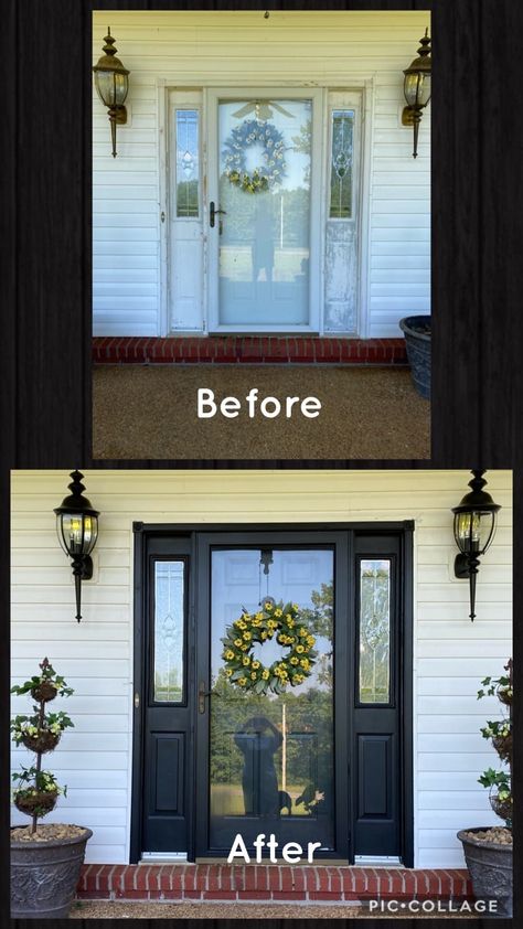 White with sidelights to black with sidelights Front Doors Painted Black, Front Door Sidelights, Door With Sidelights, Black Exterior Doors, Exterior Door Colors, Cottage Front Doors, Front Door Makeover, Porch Remodel, Front Door Paint Colors