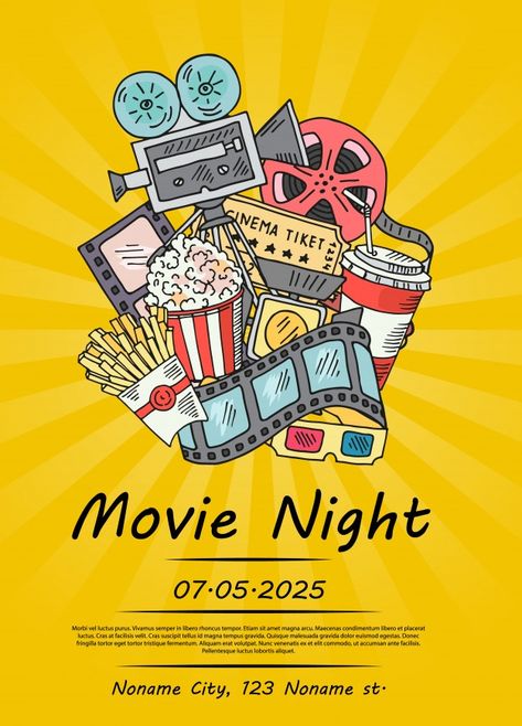 Cinema Doodle, Movie Night Poster, Film Festival Poster, Doodle Icons, Cinema Design, Night Festival, Night Illustration, Movie Club, Cinema Art