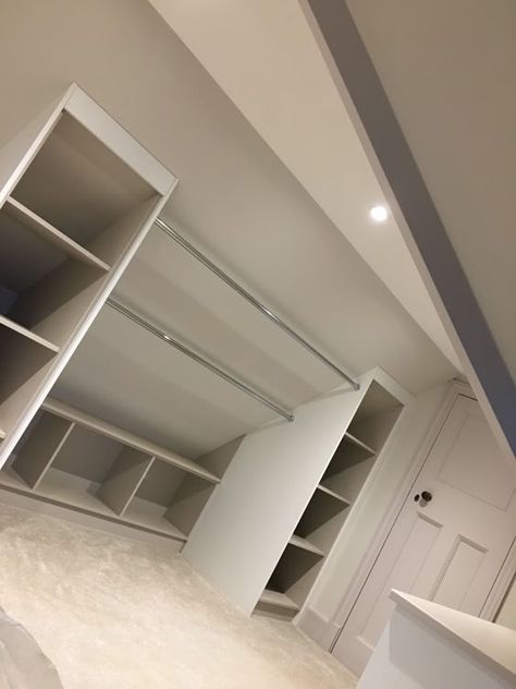 Open Closet Slanted Ceiling, Attic Room Aesthetic, Aesthetic Attic Bedroom, Remodeled Attic, Slanted Wall Closet, Bedroom Ideas Attic, Playroom Attic, Attic Bedroom Ideas Aesthetic, Attic Decorating Ideas