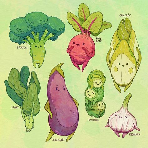 Johanna Puhl on Instagram: “Are you ready for more #vegetableart ? 🍆 let me know your favorite and which vegetable I should #draw next 😊  was fun to color those cuties…” Illustration Tumblr, Tumblr Cute, Vegetable Drawing, Vegetable Illustration, Monster Illustration, Drawing Style, Arte Fantasy, Kawaii Drawings, Cute Creatures