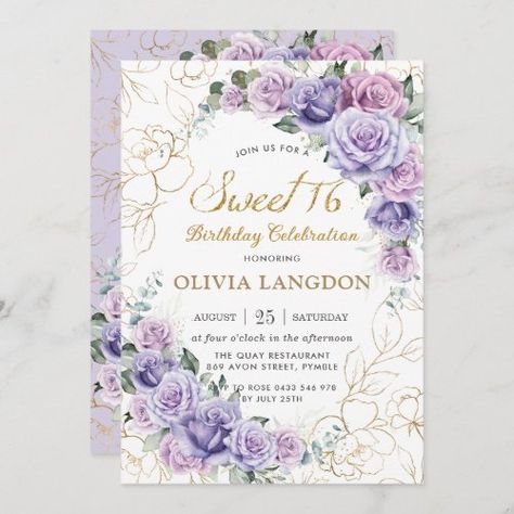 Sweet 16 Invites, Line Art Watercolor, Foil Flowers, Purple Sweet 16, Flowers Line Art, French Roses, Birthday Invitation Card Template, Sweet Sixteen Birthday Party Ideas, Purple Invitations