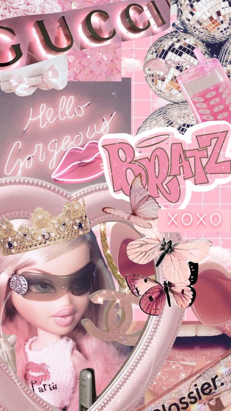 #bratz #bratzaesthetic #bratzmoodboard #collage #pink #lightpink #glam #pinkglam #art #love #pinkaesthetic Bratz Doll Wallpaper Iphone, Bratz Dolls Aesthetic Wallpaper Iphone, Bratz Wallpaper Iphone Aesthetic, Aesthetic Pictures For Wall Collage Pink, Bratz Doll Icon, Bratz Pink Aesthetic, Pink Bratz Aesthetic, Bratz Backgrounds, Y2k Collage Wallpaper