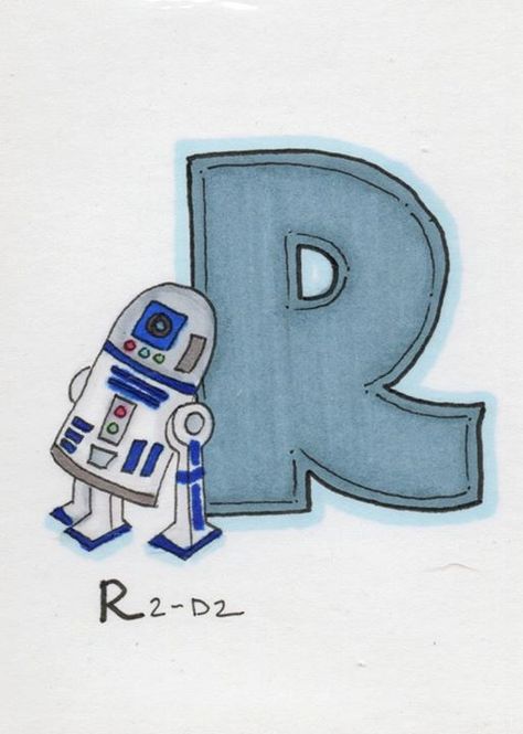 r2-d2 by ArtByLexi, Alexis Marshall R2d2 Drawing Easy, R2 D2 Drawing, R2d2 Artwork, R2d2 Art, R2d2 Trash Can, Doodle Characters, Doodle Art, Alphabet, Enamel Pins