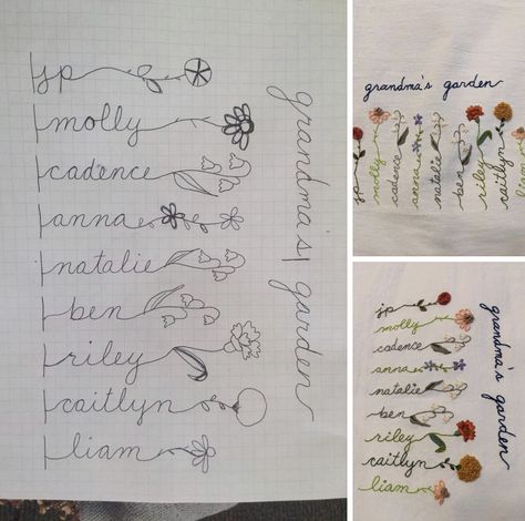 Idea from FB group Presents For Grandma, Garden Embroidery, Grandmas Garden, Hand Embroidery Projects, Family Garden, Birth Flower, Embroidery Inspiration, Birth Flowers, Embroidery Projects